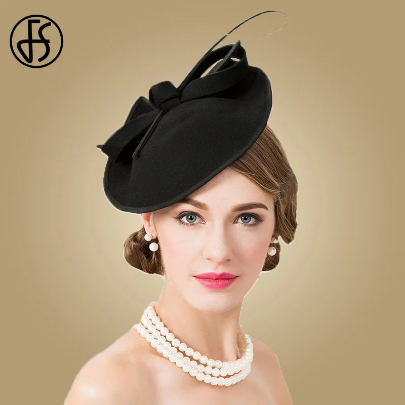 FS 100% Wool Black Hat Church Elegant Ladies Formal Vintage Felt Fedoras Wedding Fascinators Hats For Women Pillbox Female Cap