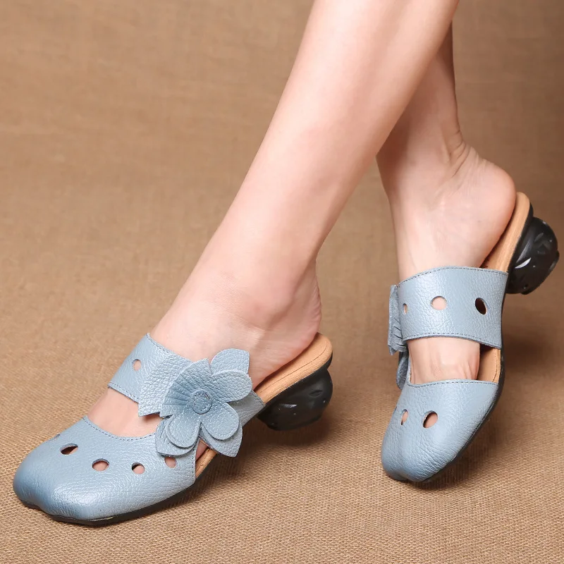 Xiuteng Hollow Sandals Flowers Pattern Genuine Leather Big Head Adjustable Daily Sandals Ladies Shoes Spring New Women Slippers