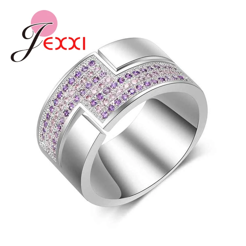 High Quality Wide Band 925 Sterling Silver Color Women Bridal Rings Micro Paved Shining Pink/Purple Cubic Zirconia Finger Anel