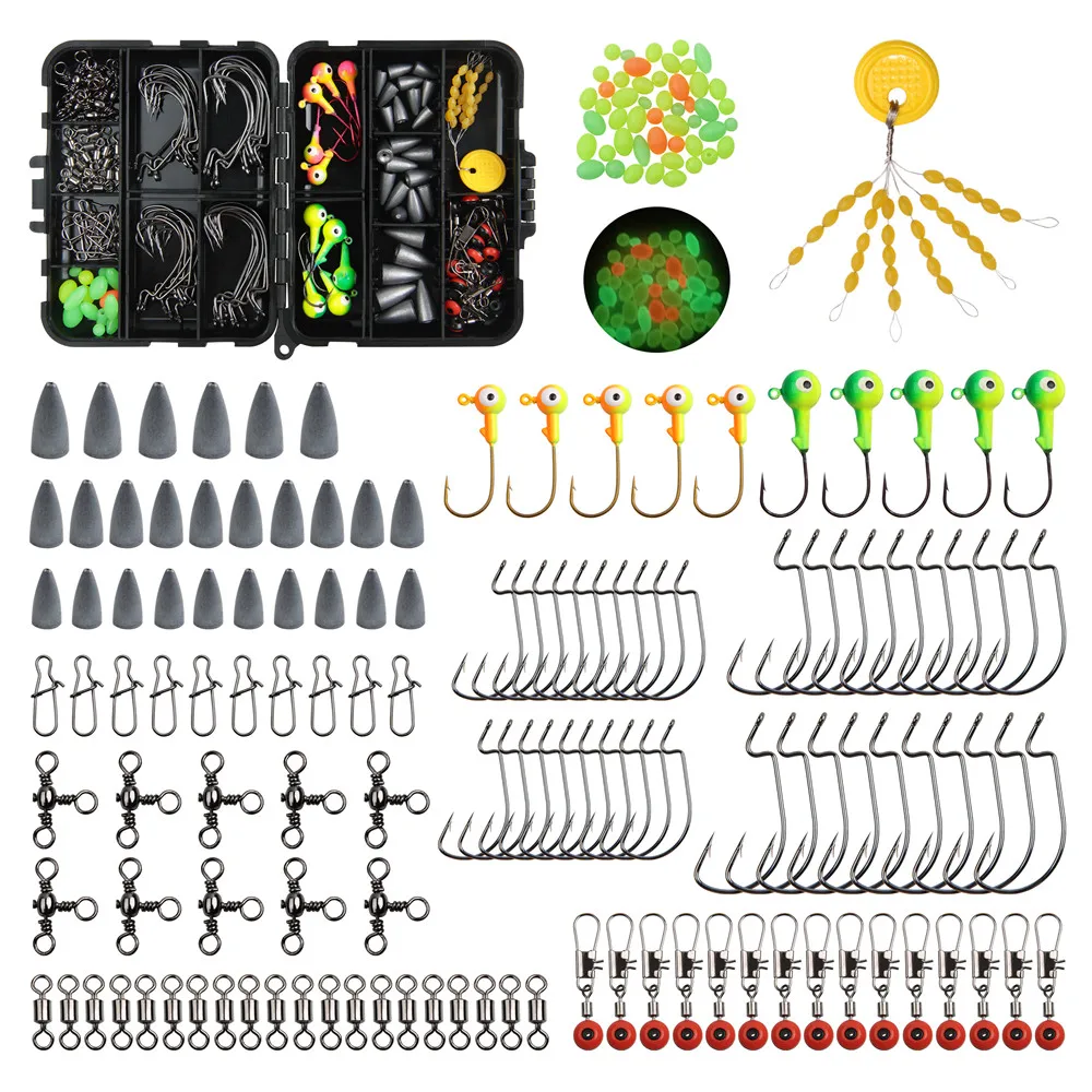 

175pcs Fishing Tackle Box Kit Including jig Fishing Hooks jig Head Hooks swivels snaps lead Sinker for Texas rig fishing tackle