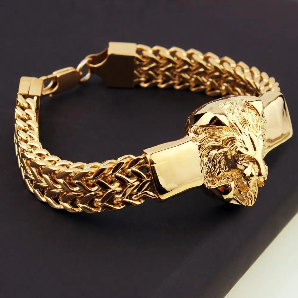 

Punk Jewelry Figaro Chain Mens Bracelet Stainless Steel Silver Color/Gold Color Lion Head Bracelet Mens Cuff Bracelet 8.66 inch