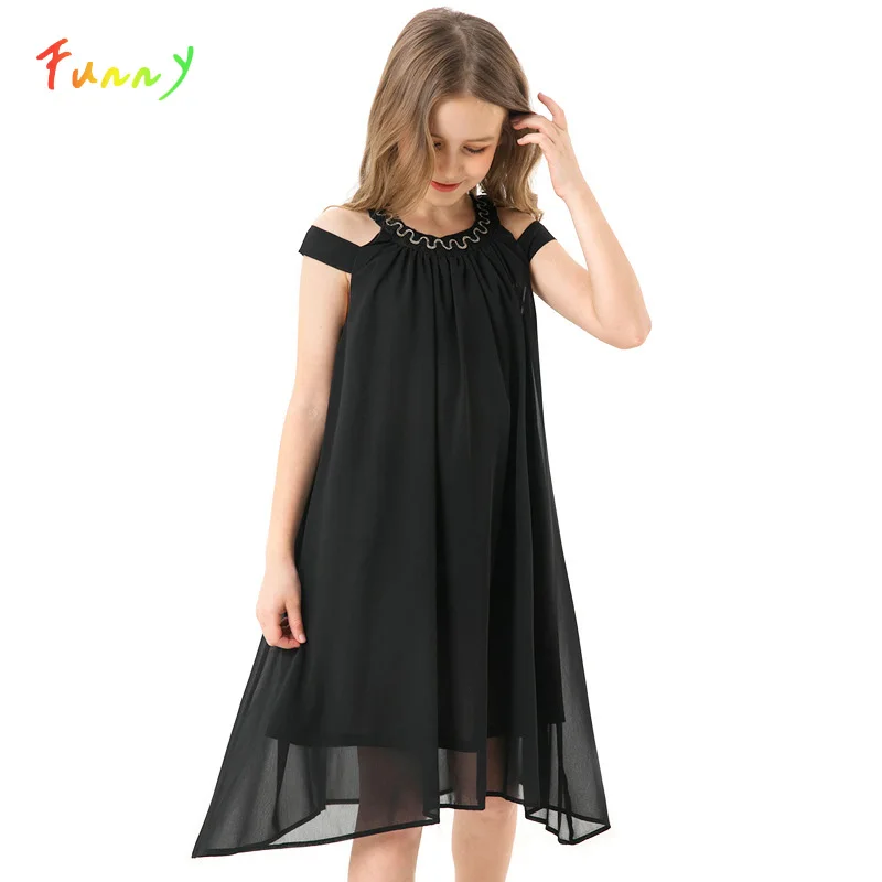 Toddler Girl Dresses Summer Black Chiffon Slip Dress Children Beach Wear Casual Girls Party Dress Kids Clothes 8 10 12 14 Years