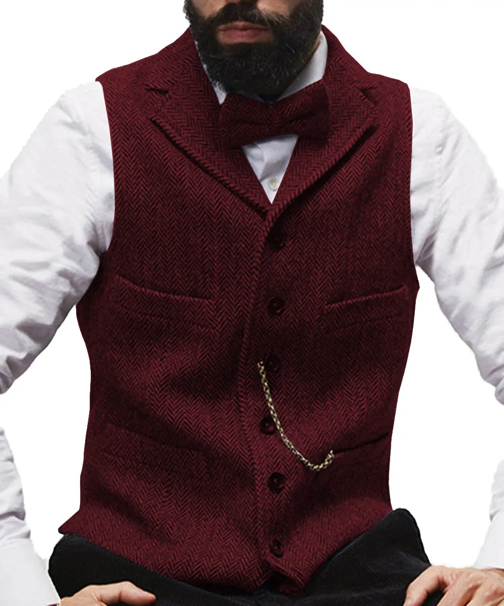 Mens Suit Vest Lapel V Neck Wool Herringbone Casual Formal Business Vest Waistcoat Groomman For Wedding Green/Burgundy/Brown