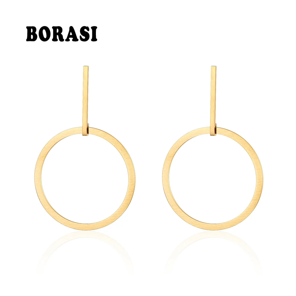 BORASI Big Circle Round Stud Gold Color Stainless Steel Steampunk Style Long Dangle Earrings For Female Fashion Party Jewelry