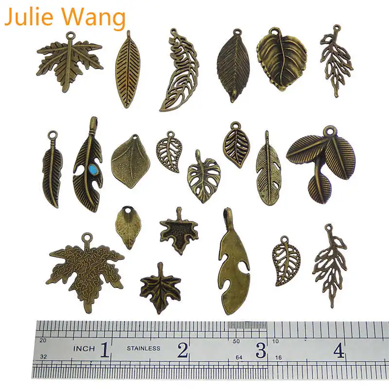 Julie Wang 10PCS Randomly Mix Vintage Leaves Charms Alloy Antique Bronze Leaf Bracelet Jewelry Making Pendant Accessory