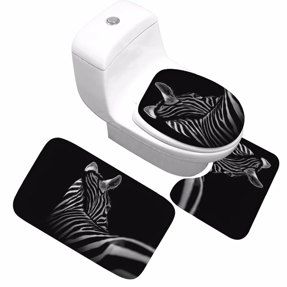 CAMMITEVER 3Pcs Bath Mats African Zebra Anti -Slip Bathroom Toilet Carpet Set Coral Fleece Bathroom Floor Mats Washable Toilet