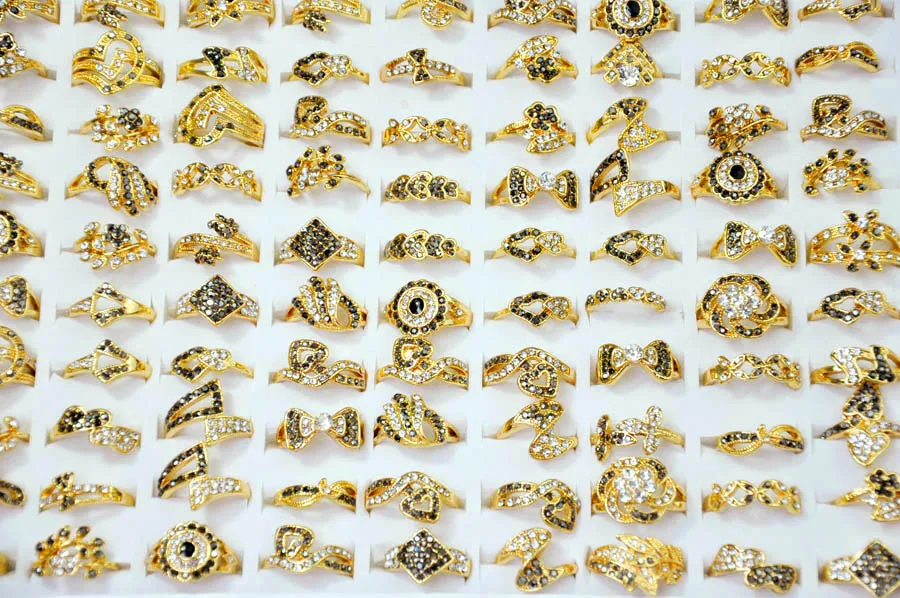 

120Pcs Hot Sale Full Crystal Rhinestone Golden Women Ring lot female anel Jewelry Lots Top quality LR4053