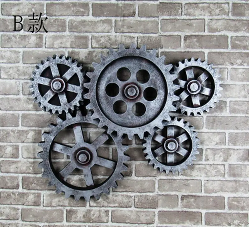 Retro Wooden Gear Wall Deco Industrial Wind Clocks Walls Hanging Bar Living Room Loft Wall Decor Pendant sets