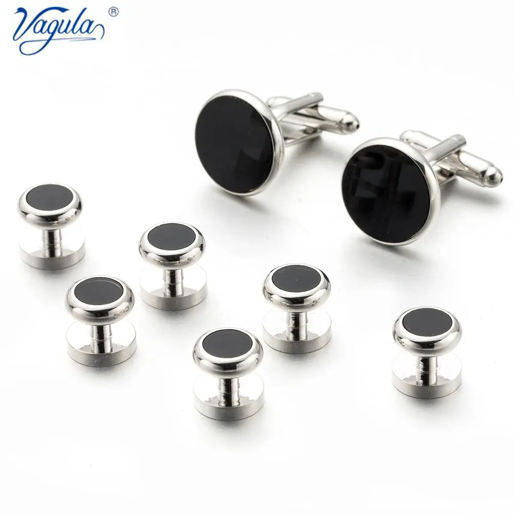 

VAGULA Cufflinks Studs in 8PCS Set Black Stone Gemelos Brass Tuxedo Collar Stud Set Bonito Gemelos 530