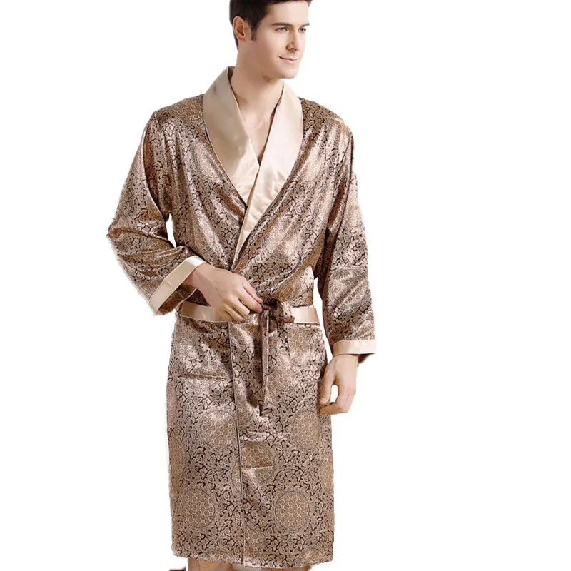 Men Silk long-sleeved Bathrobe Big Size 5XL kimono Home Bath Gown Male Printed Geometric Robes V-neck Satin Sleepwear Nightgown