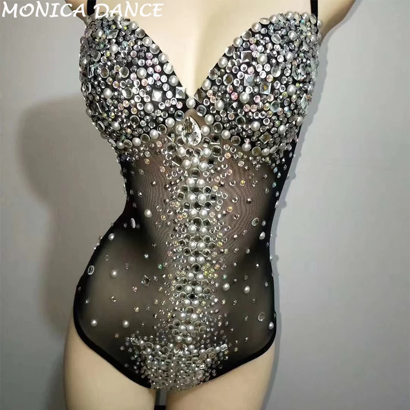 Nightclub Stage Costume Black Sparkly Rhinestones Bodysuit Sexy See-through Jumpsuit Bar DJ Singer Teams Jazz Dance Stage Wear