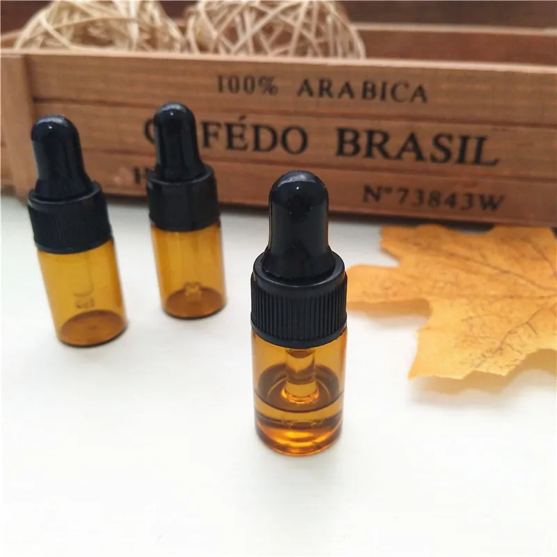 1ml 2ml 3ml 100pcs Amber Dropper Mini Glass Bottle Essential Oil Display Vial , Small Serum Perfume Brown Sample container