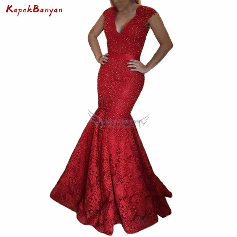 Corpiño de sirena para baile de graduación, vestido rojo de perlas de encaje sin espalda, Sexy con cremallera y botones, 2019, sin mangas