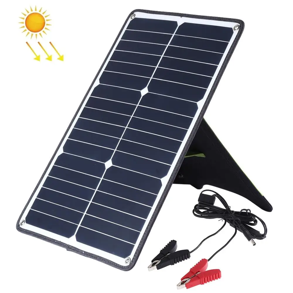 

HAWEEL Portable 20W Monocrystalline Silicon Solar Power Panel Charger &USB Port & Holder & Tiger Clip, Support QC3.0 and AFC