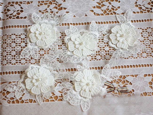 

20pcs 12x7cm wide ivory beads 3D organza embroidery lace appliques patches L14M17