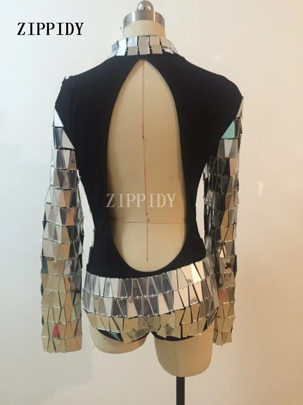 Bạc Gương Sequins Sang Trọng Backless Sparkly Bodysuit Evening Prom Đảng Hộp Đêm DJ Ca Sĩ Leotard Trang Phục Sân Khấu Trình Diễn Trang Phục