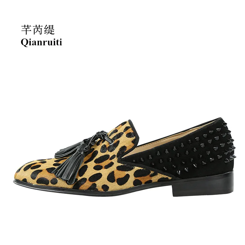 

Fashion Design Men Dress Shoes Horsehair Leopard Shoes Hot Sale Casual Slip-on Loafers Fringe Rivet Decorated Man Shoes