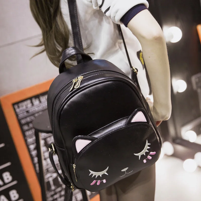 Cat Backpack Black Preppy Style School Backpacks Funny Quality Pu Leather Fashion Women Shoulder Bag Travel Back Pack Sac XA322