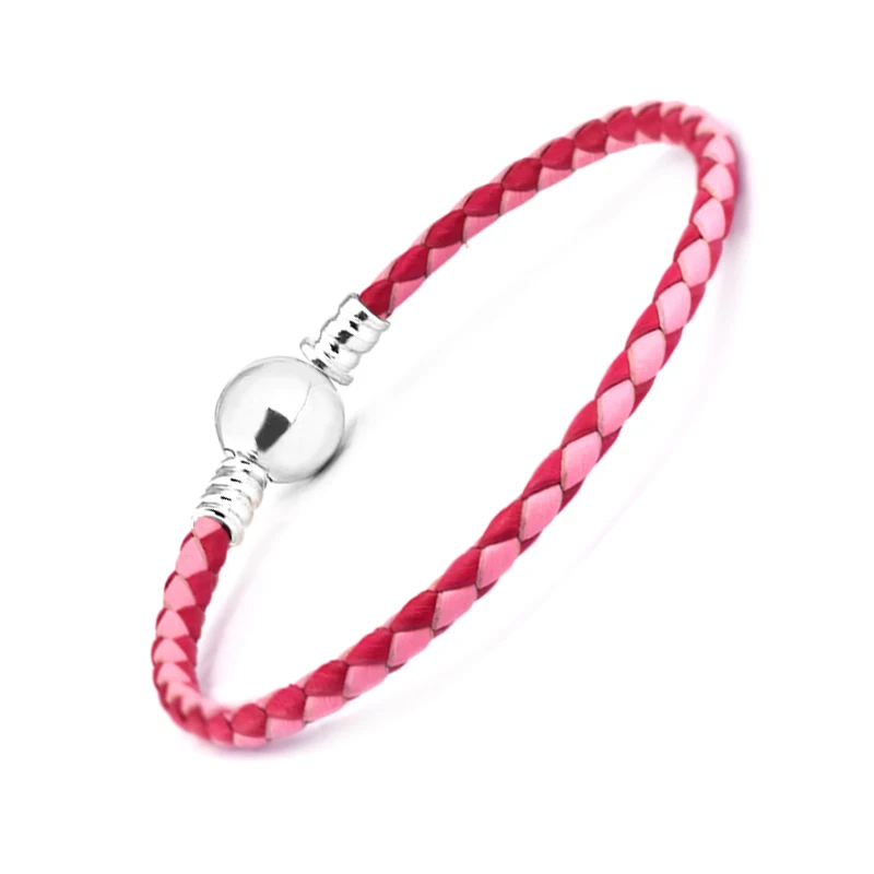 

Mix Pink Red Woman Round Clasp Leather Bracelet Fits sterling silver Charms & Beads For Woman DIY Jewelry Making