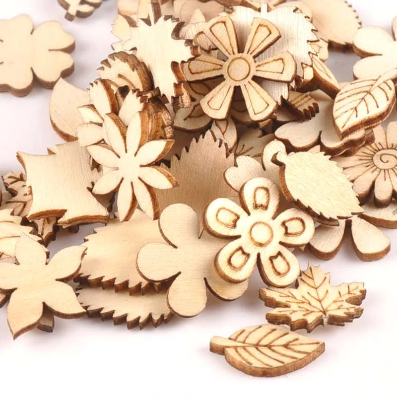 50Pcs Mix Plant/Flower/grass Shape Natural Wooden For Handmade DIY Crafts Wood Ornament Scrapbooking Home Decoration 20mm m1805