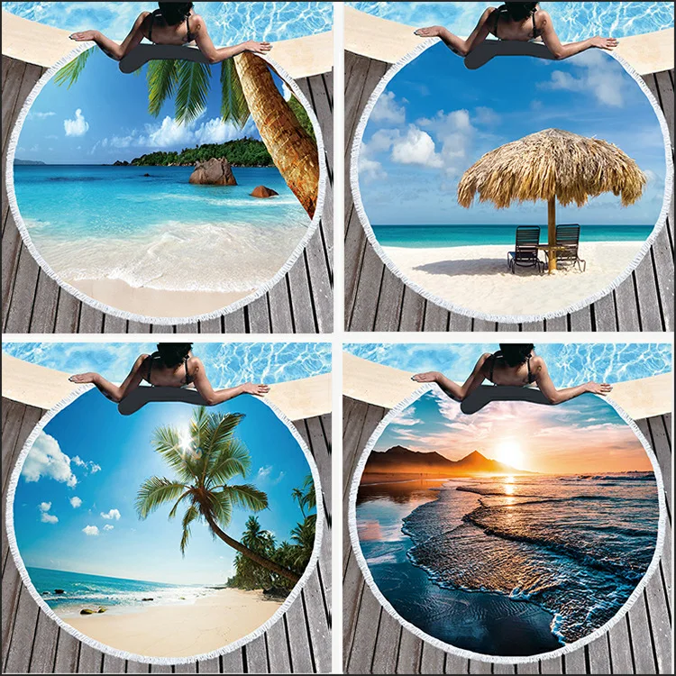 

Dream NS Factory direct round printed beach towel microfiber plus tassel feel soft can be customized LOGO beach scenery