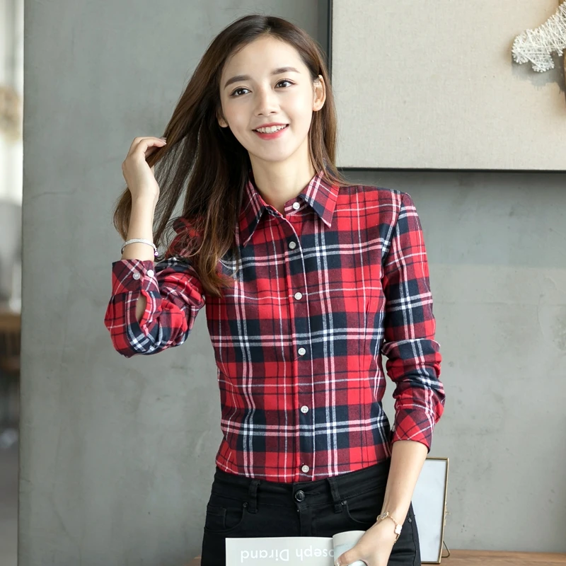 Women\'s Shirts 2023 Autumn and Winter female shirt plaid shirt women slim long sleeve cotton Blouse top female outerwear