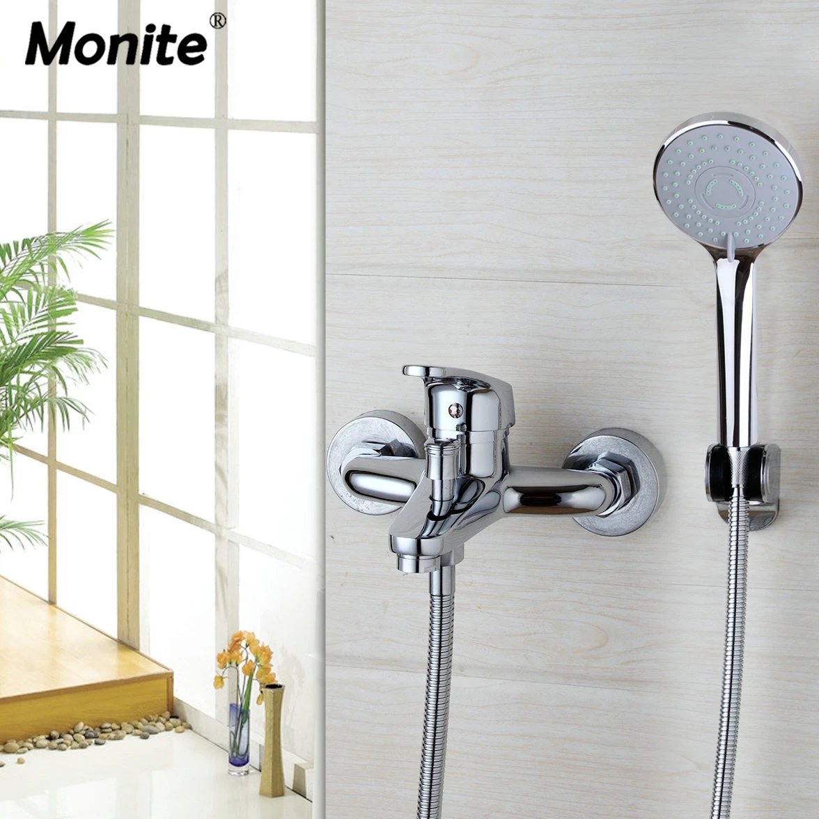 

Monite Wall Mounted Rain Shower Set Luxury Square Shower Head Shower Set with Hand Shower Set Faucets