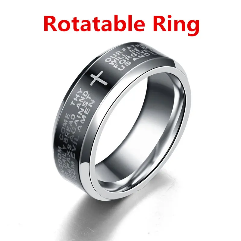 MANGOSKY 8mm English Serenity Bible Prayer Cross Stainless Steel Rings For Men Wedding Ring Engagement Rotatable Ring