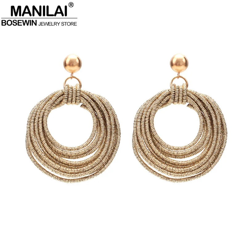 MANILAI Vintage Metal Round Multilayer Dangle Earrings Women Fashion Bohemian Circular Statement Big Earrings Party Jewelry Rope