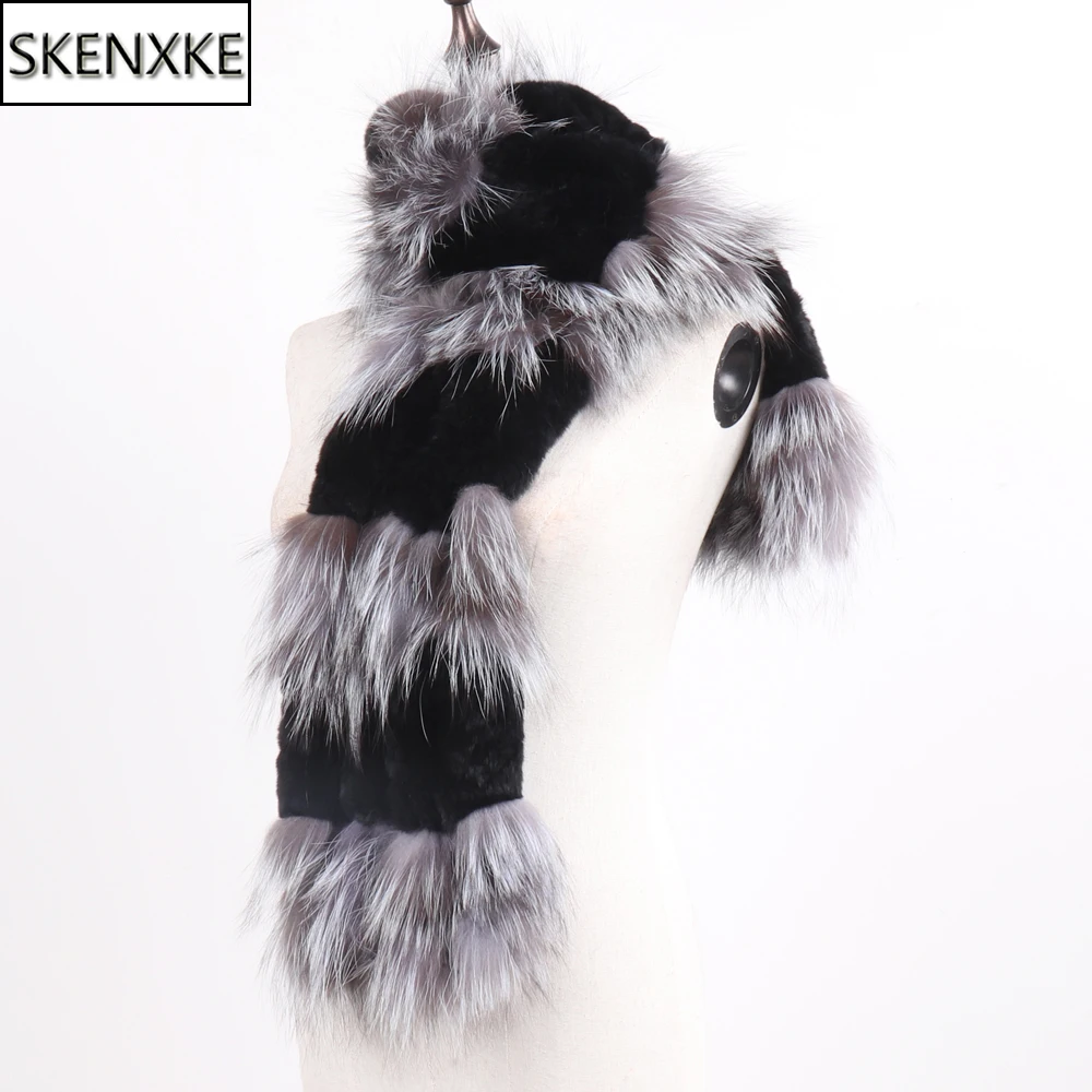 

Winter Women 100% Natueal Real Silver Fox Fur Scarf Rex Rabbit Fur Muffler Lady Fashion Warm Quality Knitted Real Fur Scarves