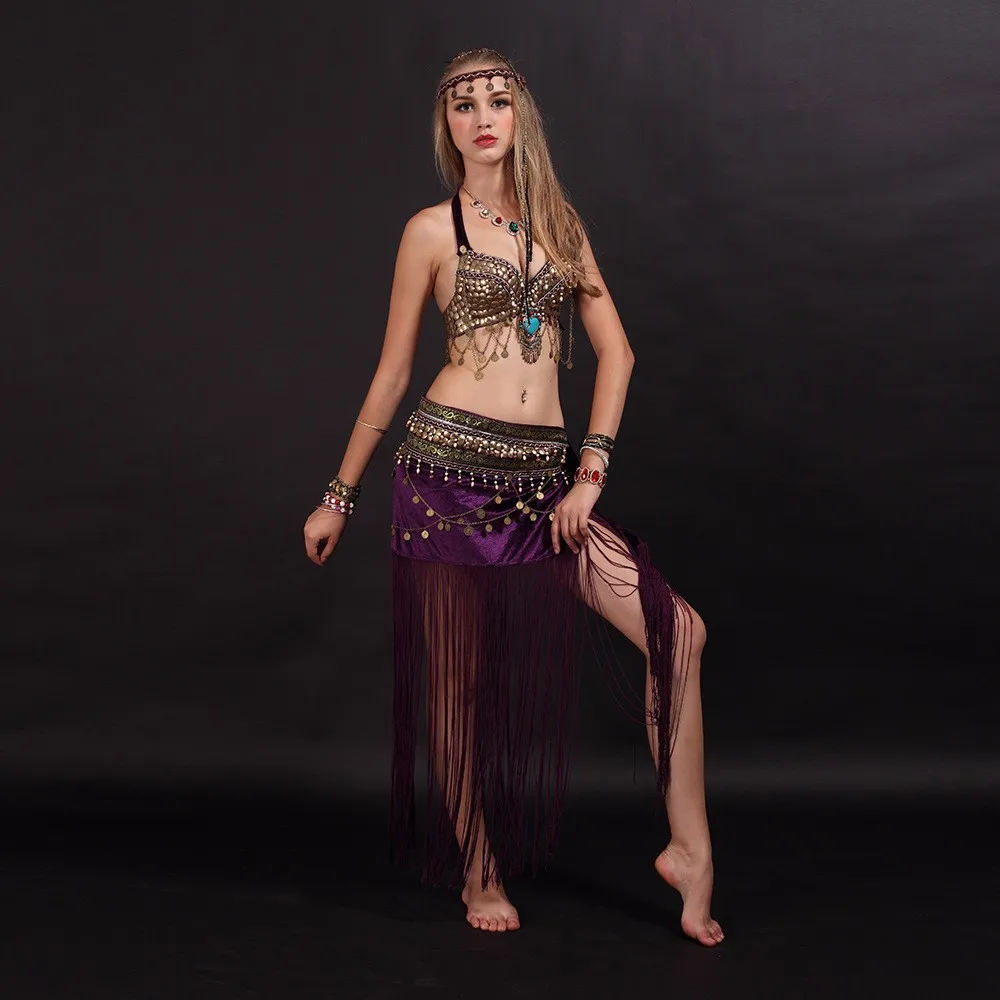 Size S-XL Belly Dancing Clothing Tribal 3pcs Coins Bra, Tassel Hip Scarf Long Tribal Pants Belly Dance Costume Set Performance