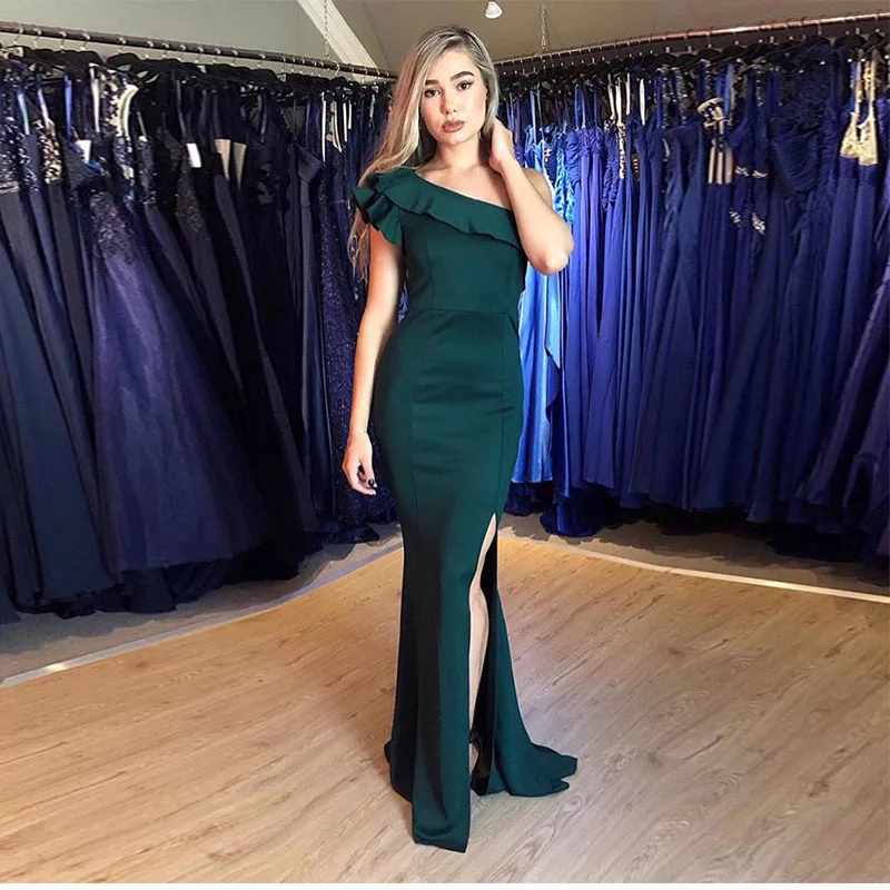 Simple One Shoulder Evening Dress Ruffles Forest Green Satin Mermaid Style Robe De Soiree Long Side Split Special Evening Gowns