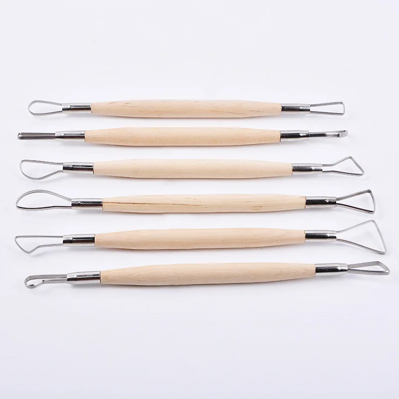 6 pcs set stainless steel double head band steel wire  wooden rod handle clay sculpture knife clay tools Painting Materials Art