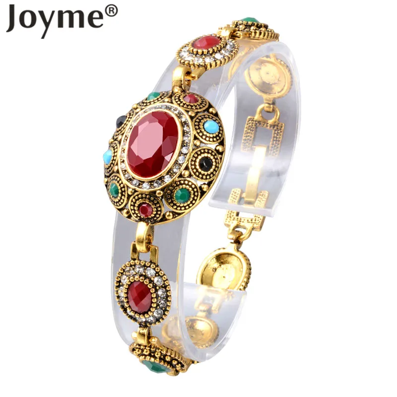 Turkish Jewelry Ethnic Bohemian Bracelets For Women Red Gem Stone Black Resin Tribal Gold-Color Femme Bracelet Jewellery