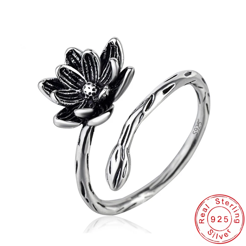 

Hot Sale Bohemia Wishbone Rings Antique 925 Sterling Silver Vintage Lotus Flower Adjustable Finger Ring Women Jewelry Ring Gift