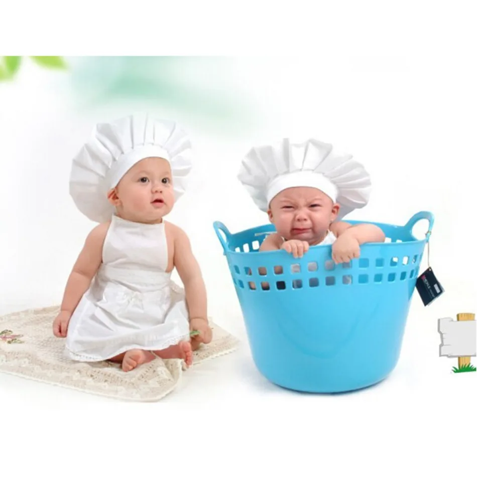 Cute Baby Chef Apron&Hat For Kids Costumes Cotton Blended Chef Baby White Cook Costume Photos Photography Prop Newborn Hat Apon