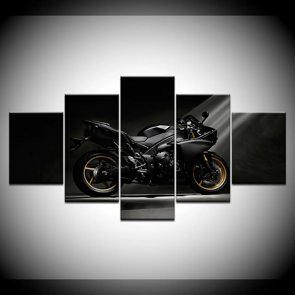 R1 2009 BLACK Motorcycles 5 Piece HD Wallpapers Art Canvas Print modern Poster Modular art painting for Living Room Home Decor