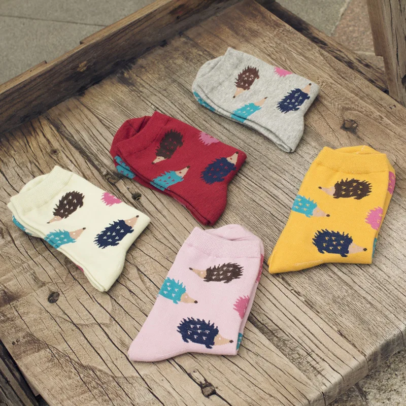 New Cartoon Animal Cute Hedgehog Pattern Colorful Funny Happy Woman Short Socks High Quality Soft Comfortable Casual Cotton Sock