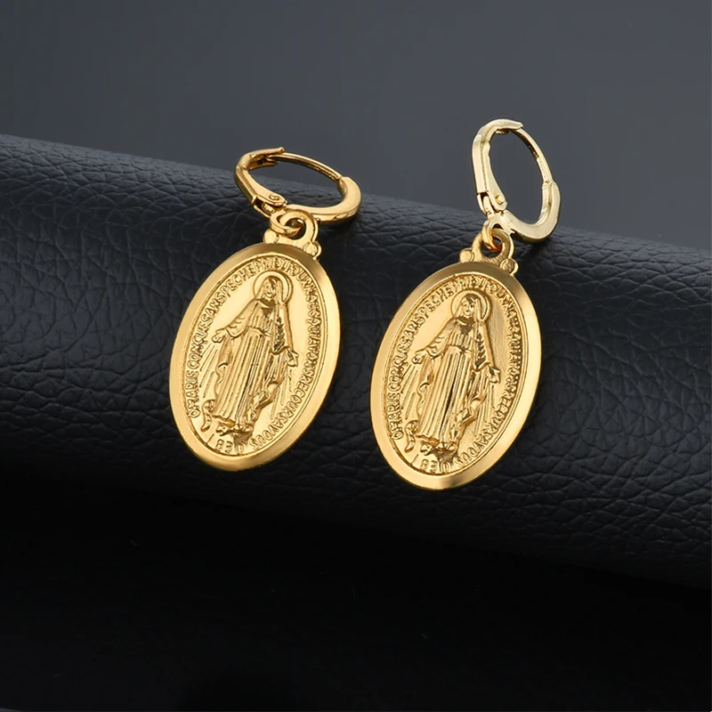 Gold Color Virgin Mary Cross Drop Dangle Earrings For Women Wholesale Ladies Earrings Religious Christian Jewelry Brincos