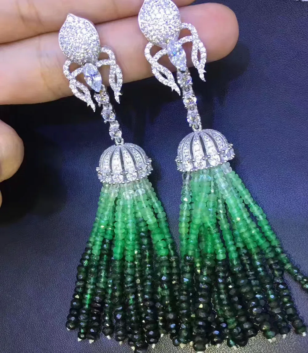 long tassels earring natural Emerald drop earring 925 sterling silver  fine women jewelry Gradient