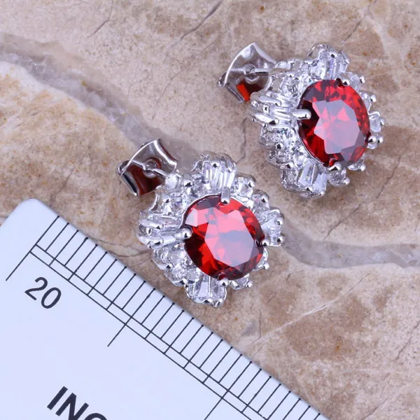 Red Garnet White CZ Silver Plated Jewelry Sets Earrings Pendant Ring Size 5.5 / 6 / 7 / 8 / 9 / 10 S0083