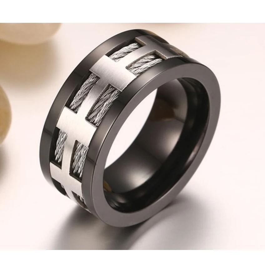 Hot Fashion Deisgn IP Black Plating 316L Stainless Steel Pave Matte Finish and Unique Cross For Punk Style Ring Jewelry