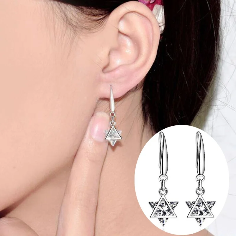 

925 Sterling Plated Star Hexagram Triangle White Cubic Zirconia Dangle Earrings