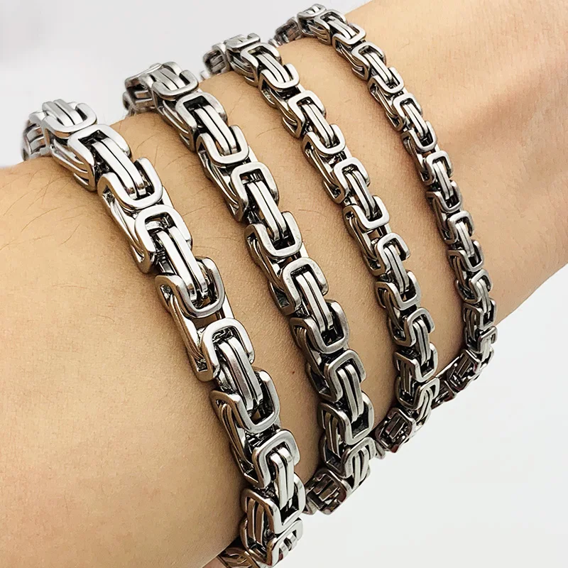 Men Chain Silver Tone 316 Stainless Steel Bracelt Length 18-25cm Byzantine Box Link Necklace Bracelet