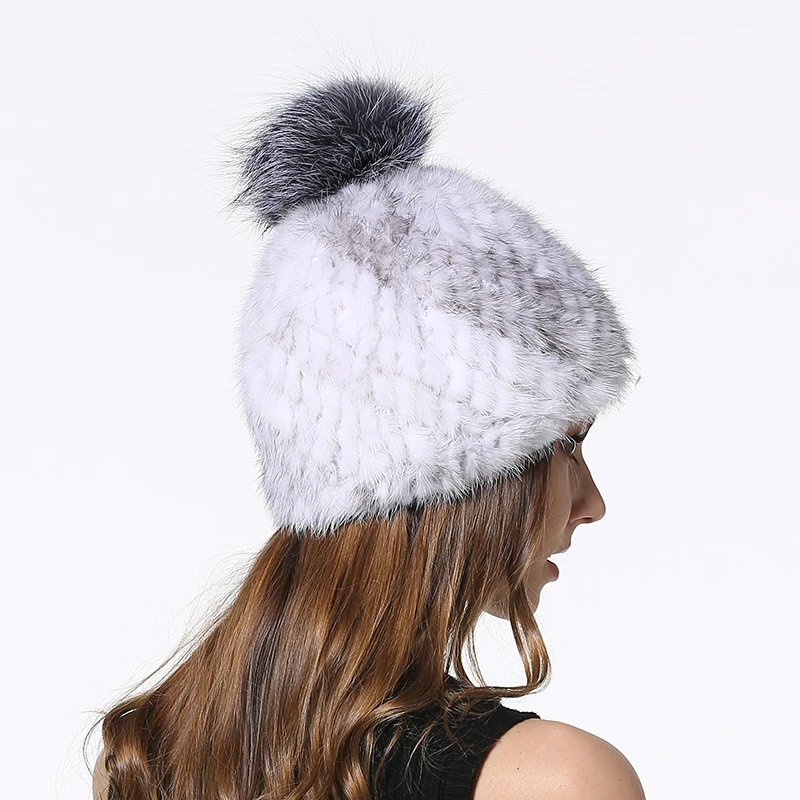 IANLAN Winter Striped Mink Fur Beanies for Women Real Silver Fox Fur Ball Caps Ladies Fur Pompom Hats IL00046