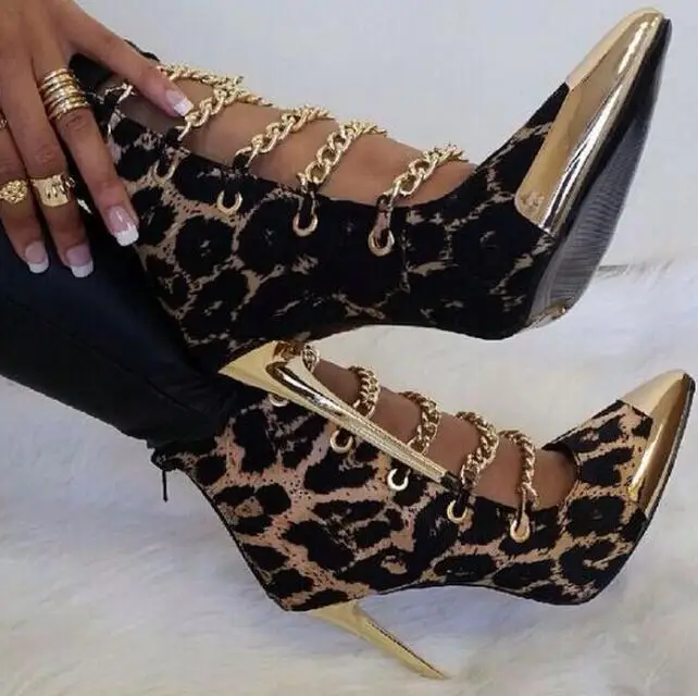 

Sexy leopard 10cm stiletto heels booties metal chains gold pointed toe cut-outs ankle boots women dress shoes size 35-41 TT301