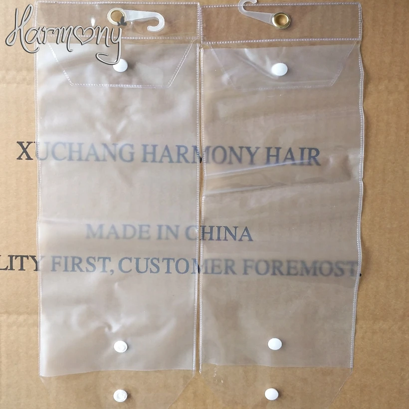 20pcs 13cm width plastic pvc bags for packing hair extension transparent packaging bags with top hanger and bottom button