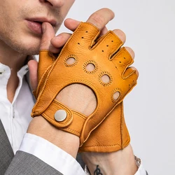 Gants en Cuir group pour Homme, Antidérapants, Demi-doigt, en Peau de Chèvre, Sans Doigts, pour Gym, Fitness, Conduite, Printemps Automne