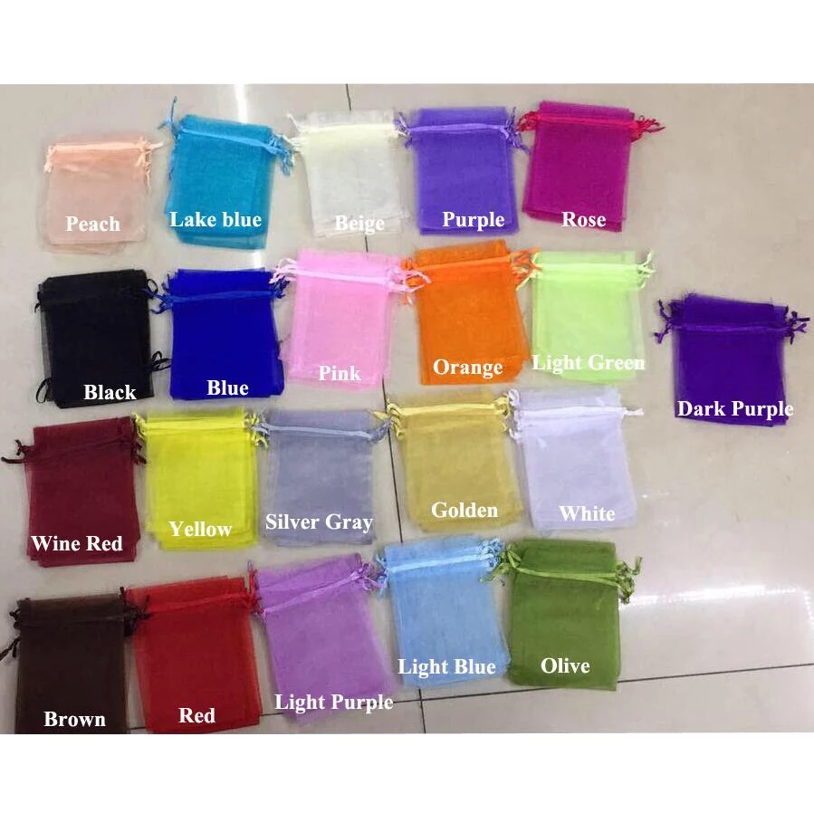 100pcs/lot 7x9, 9x12, 10x12, 10x15cm Solid Colour Drawstring Organza Bags Christmas Wedding Gift Bags Candy Jewelry Pouches