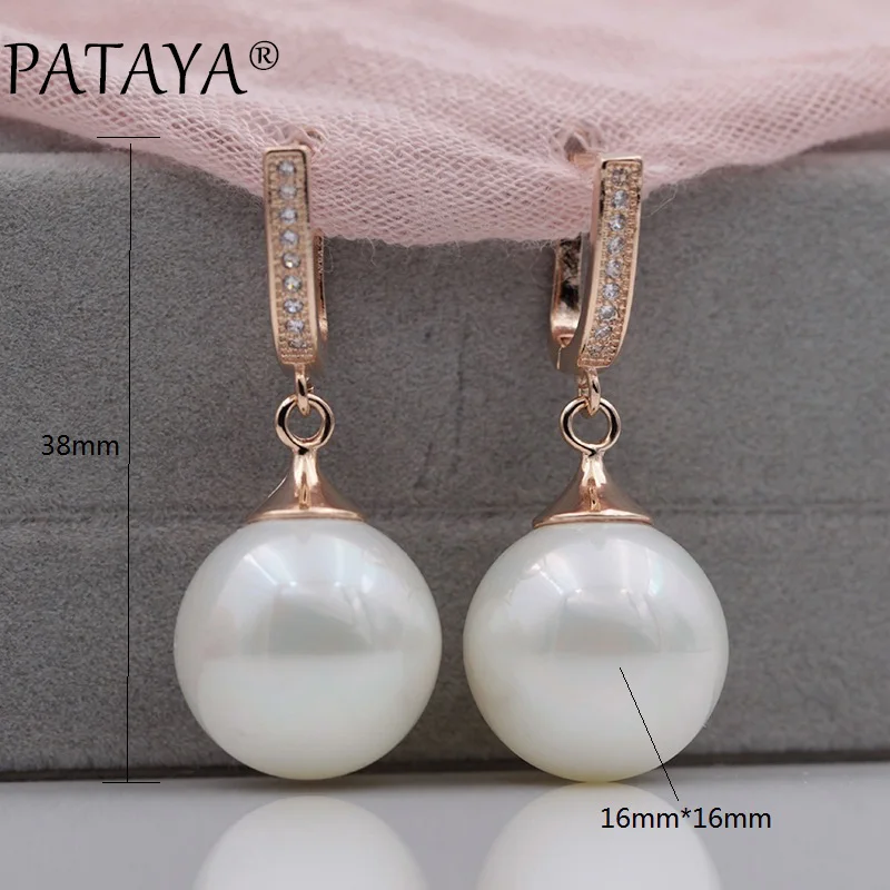 PATAYA New Trendy Multicolor Faux Shell Pearls Round Natural Zircon Long Drop Earrings Women Wedding Party Luxury Jewelry Gift